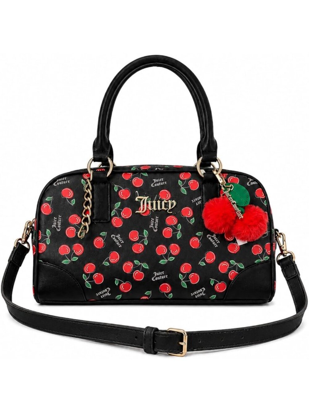 Cherry Print Satchel Bag for Women, Crossbody Purse with Detachable Strap & Pom